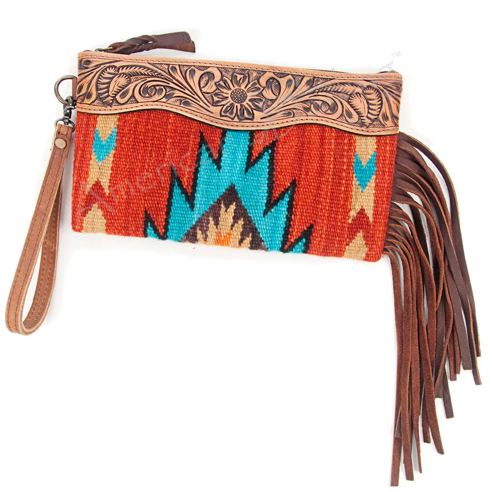 ADBG344D2 American Darling Western Leather Wristlet Bag with Hand Tooled Floral Carving and Saddle Blanket