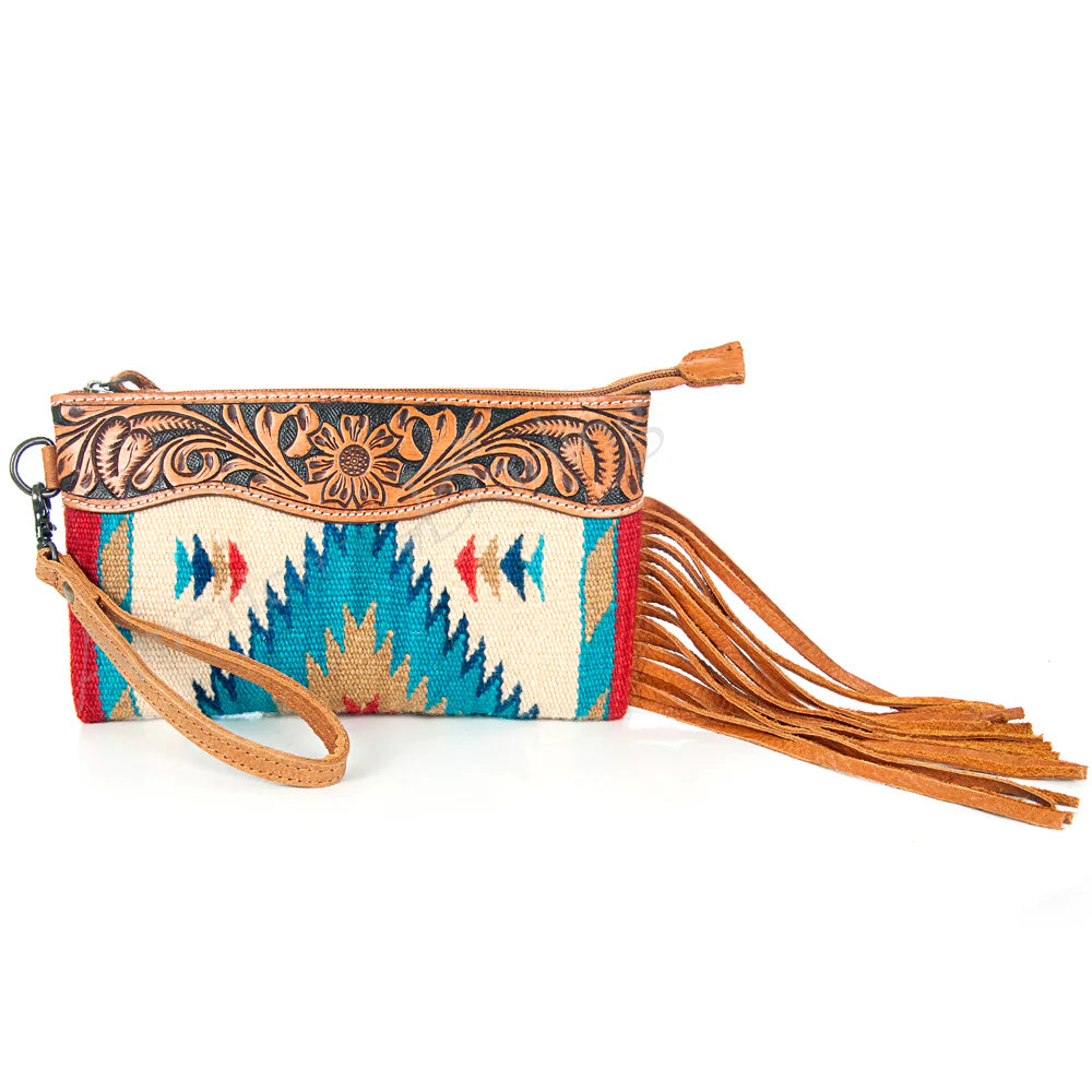 ADBG344TANB American Darling Western Leather Wristlet Bag with Hand Tooled Floral Carving and Saddle Blanket