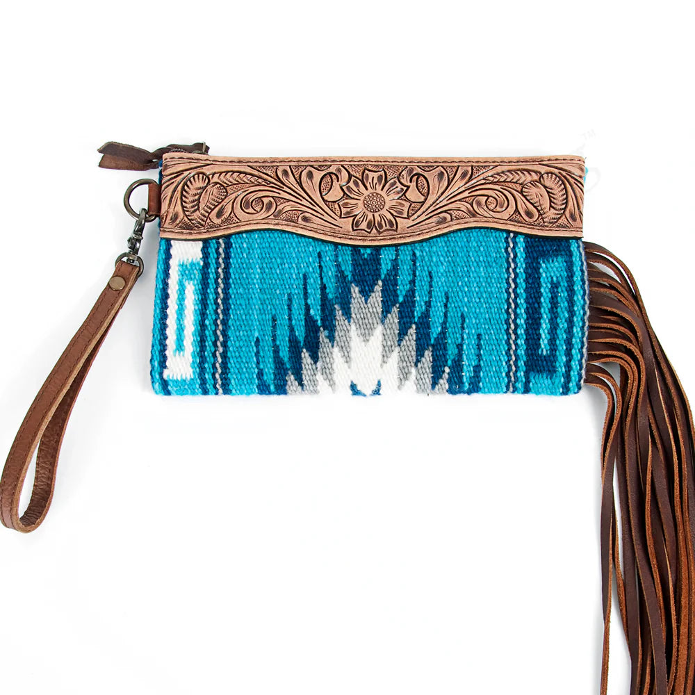 ADBG344K American Darling Western Leather Wristlet Bag with Hand Tooled Floral Carving and Saddle Blanket