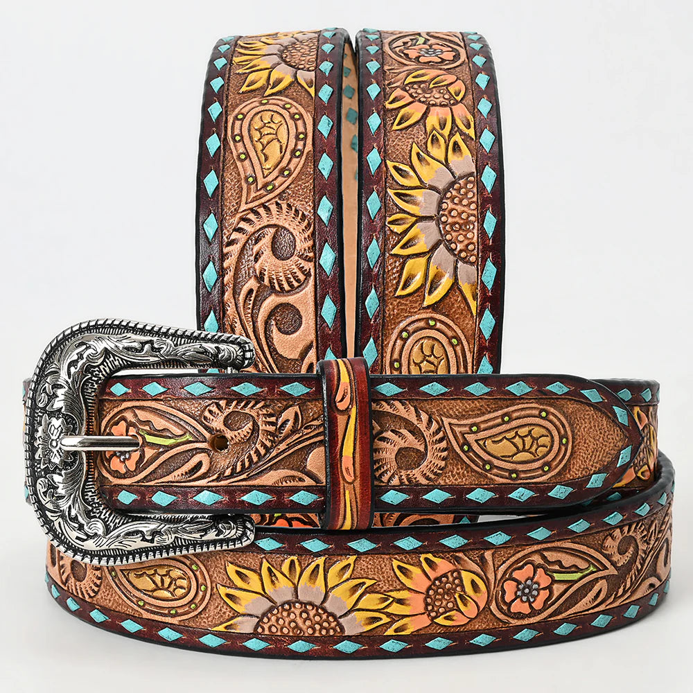 LC-ADBLF132 Tooled Leather Western Belt - Sunflower & Paisley Design with Turquoise Diamond Border