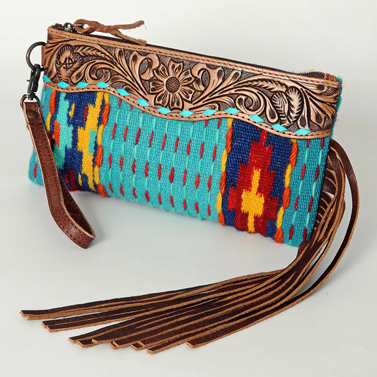 ADBG344AK American Darling Western Leather Wristlet Bag with Hand Tooled Floral Carving and Saddle Blanket
