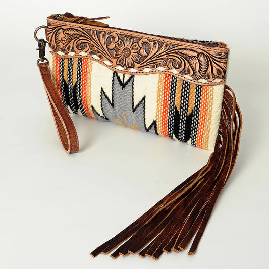 ADBG344BF American Darling Western Leather Wristlet Bag with Hand Tooled Floral Carving and Saddle Blanket