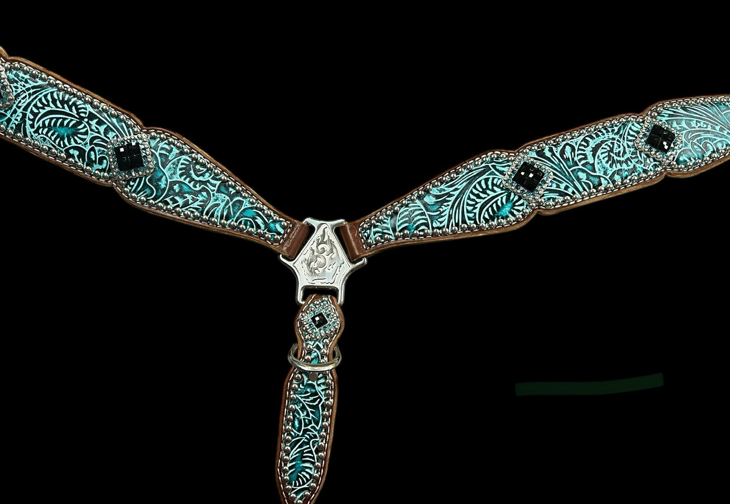 Teal and black floral on medium leather