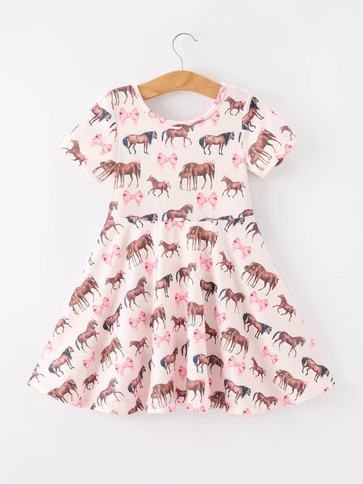 Girls Western Horse Print Twirl Dress Short Sleeve