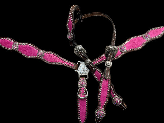 Pink Dallas Floral on walnut leather