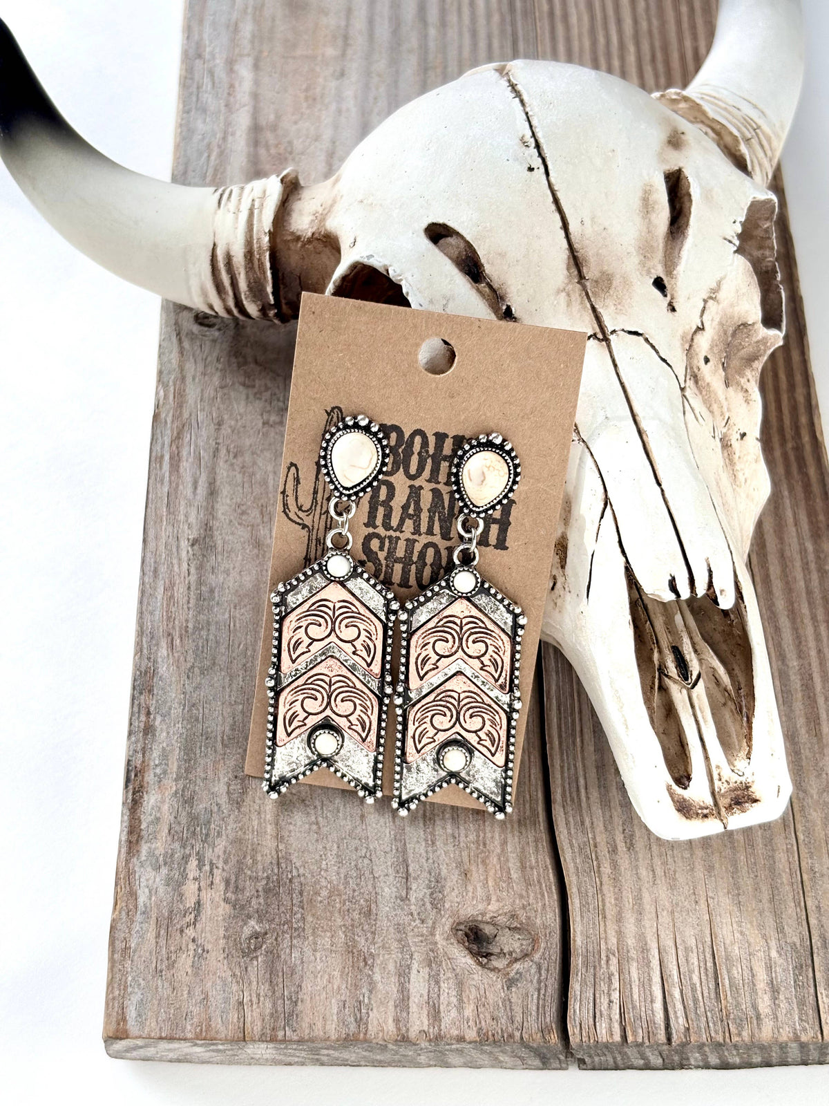 Western Style Turquoise Stone Chevron Dangle Earrings: White