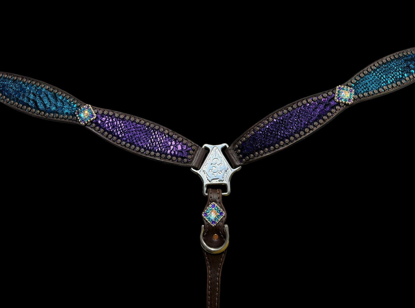 Large pony purple and teal mystic on dark leather
