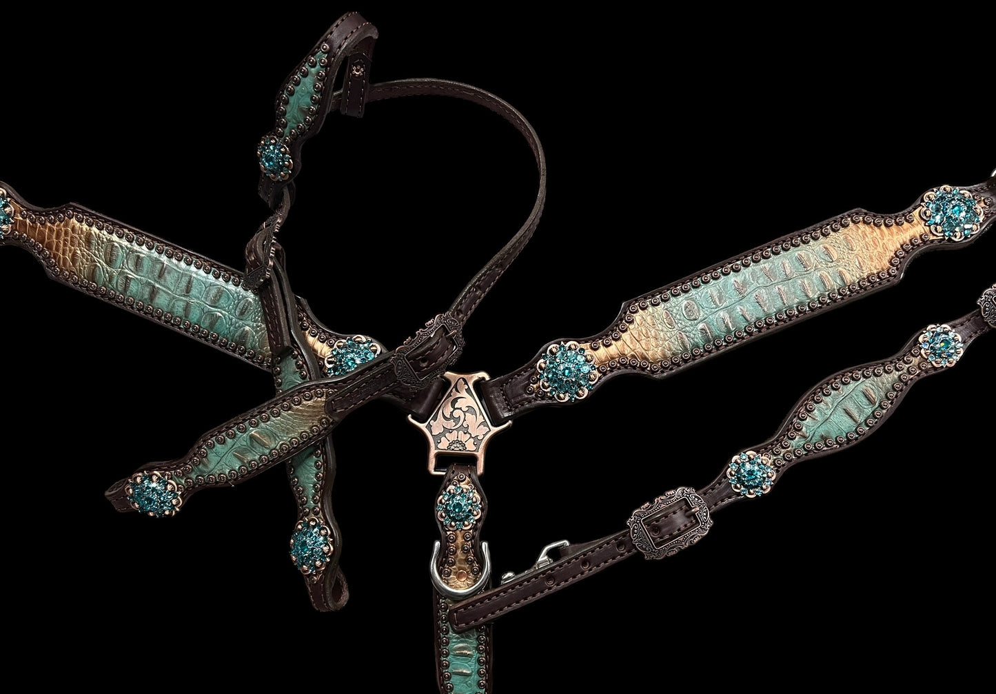 Brown and teal gator on dark leather