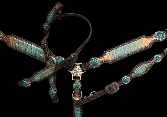 Brown and teal gator on dark leather