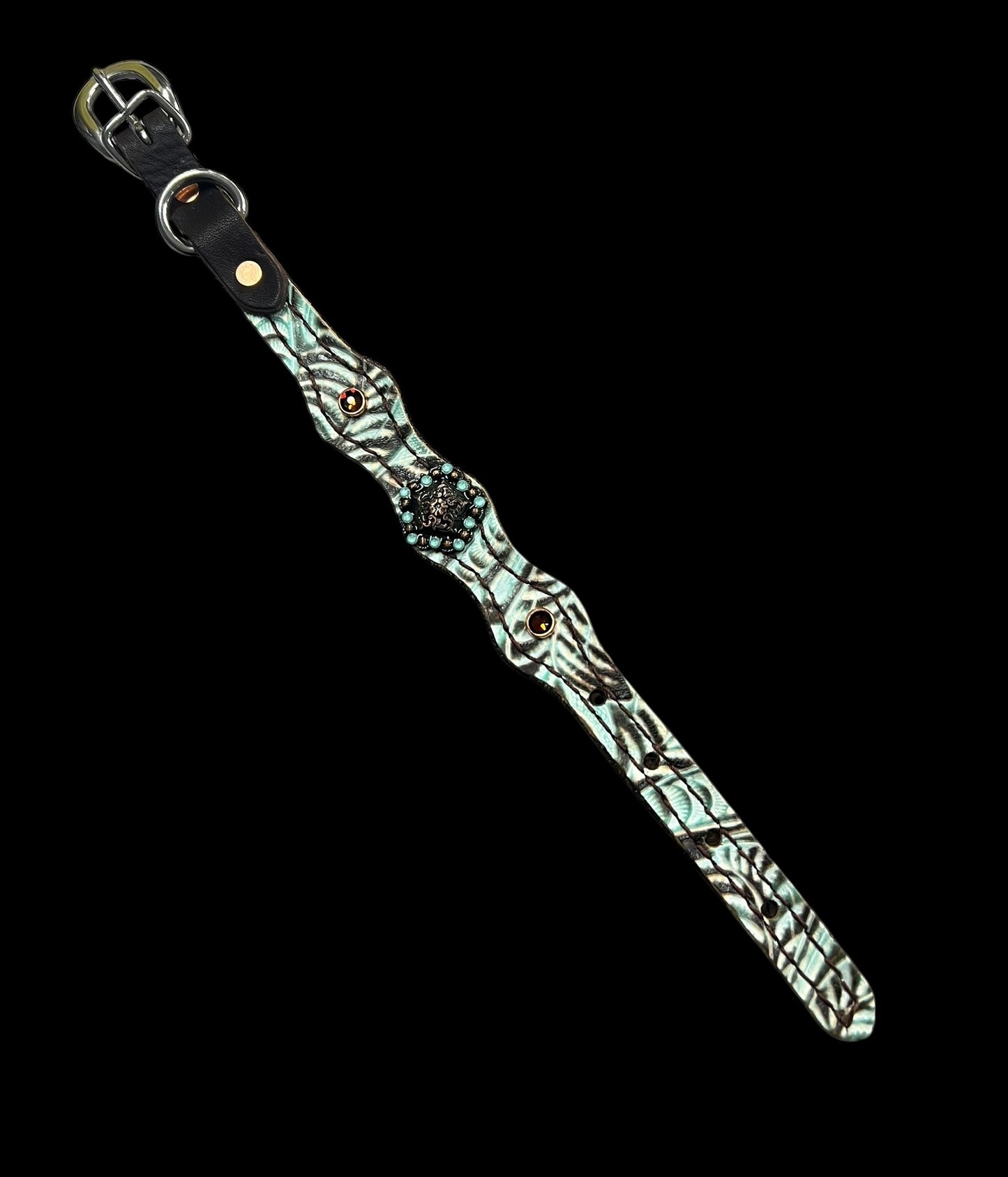 Brown and mint floral on dark leather