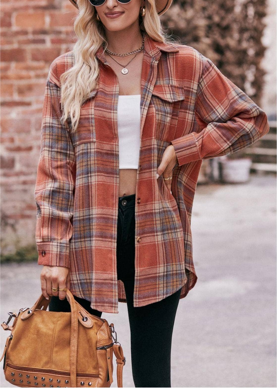 Women’s Caramel Plaid Oversized Flannel Button Down Shirt