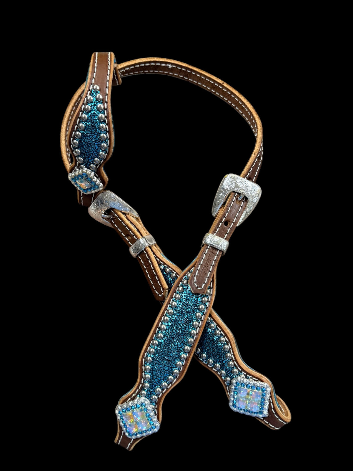 Teal Crackle on Walnut leather