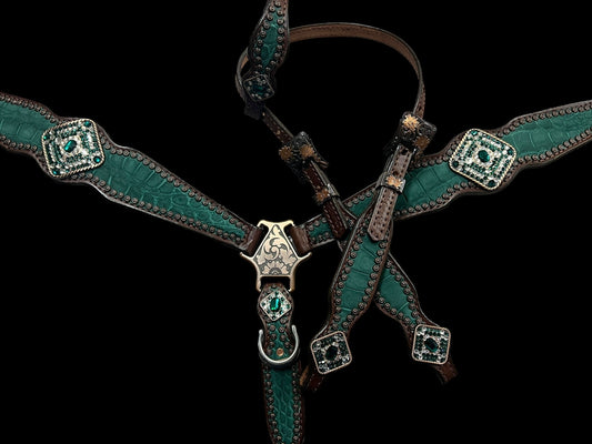 Genuine Hunter green Alligator on walnut leather