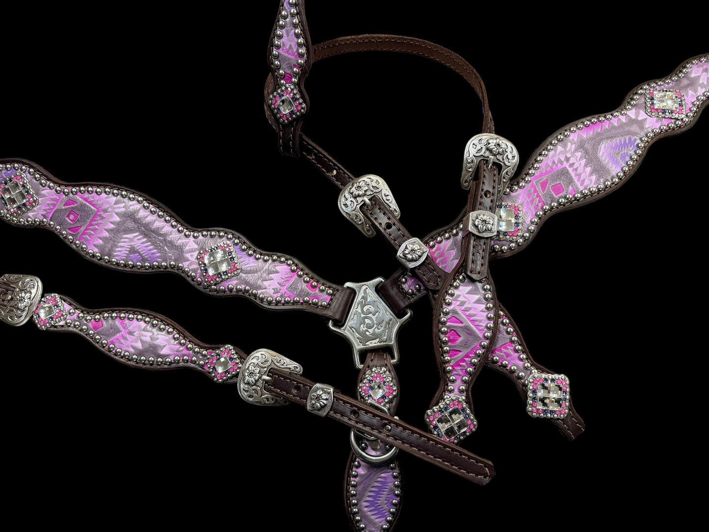 Light pink and purple Aztec on chocolate leather