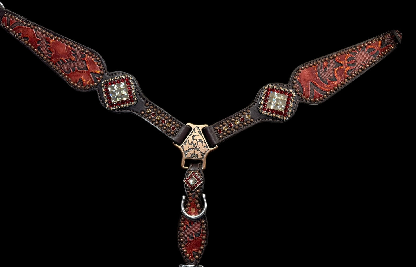 Red and copper Laredo on dark leather