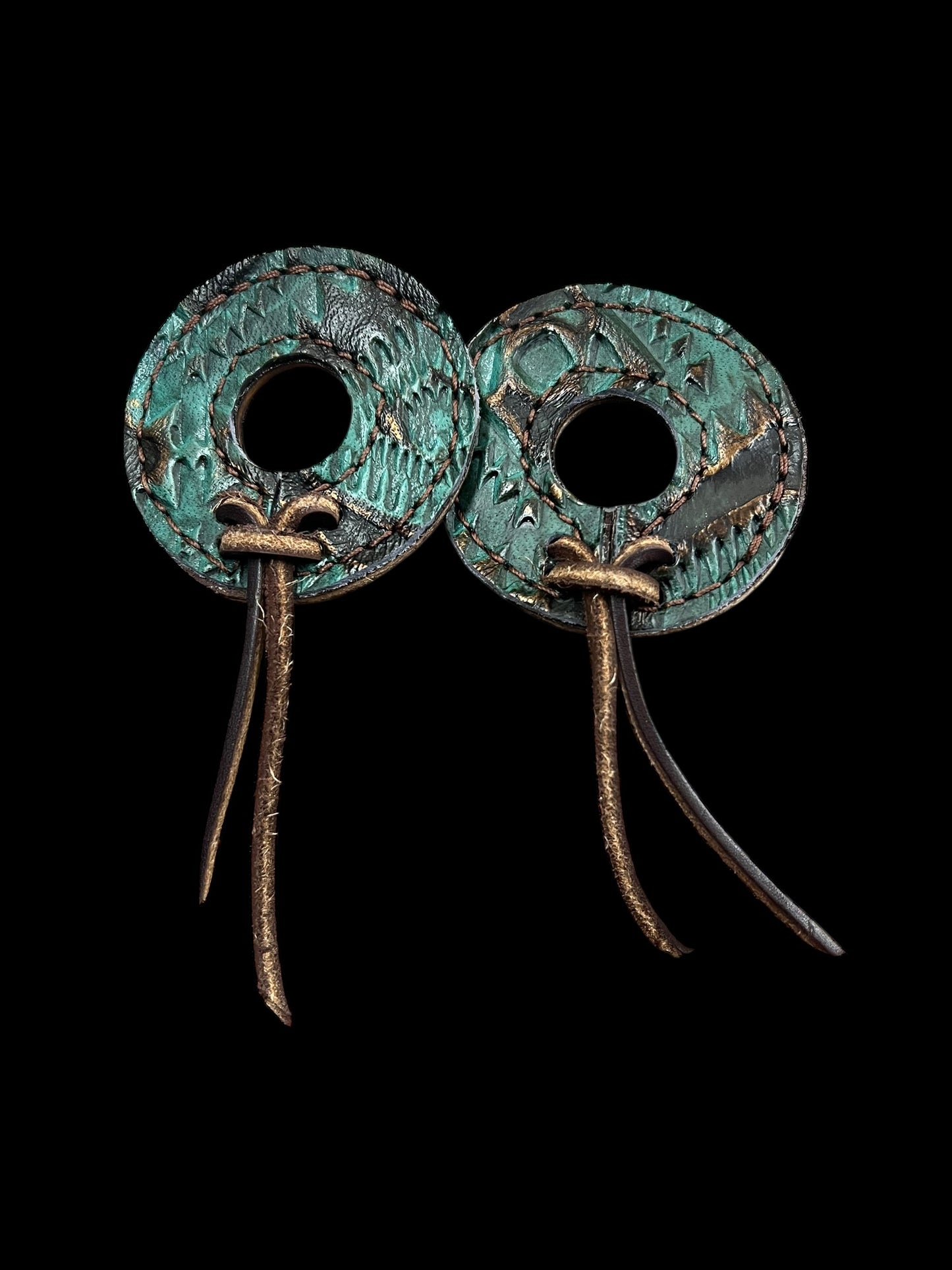 Teal and brown aztec on dark leather