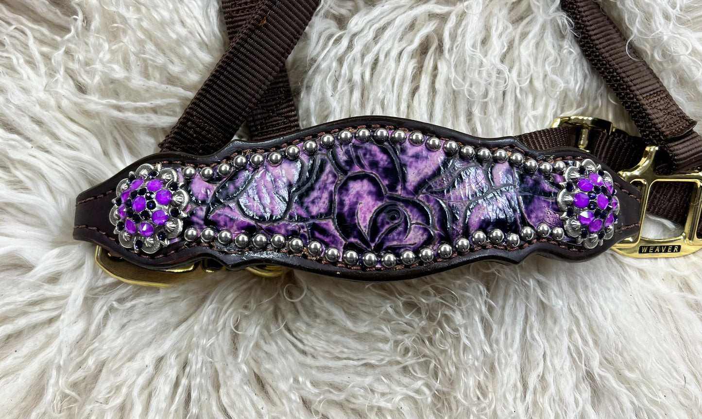 Purple floral on dark leather