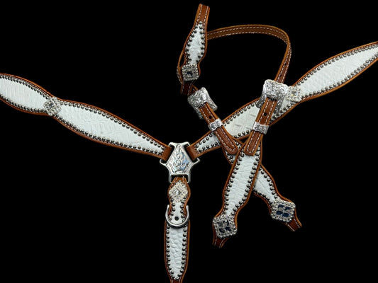 White gator on chestnut leather