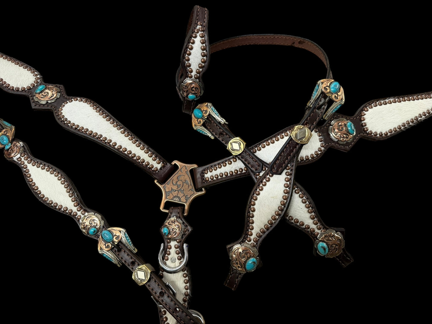 White and grey brindle  cowhide on dark leather