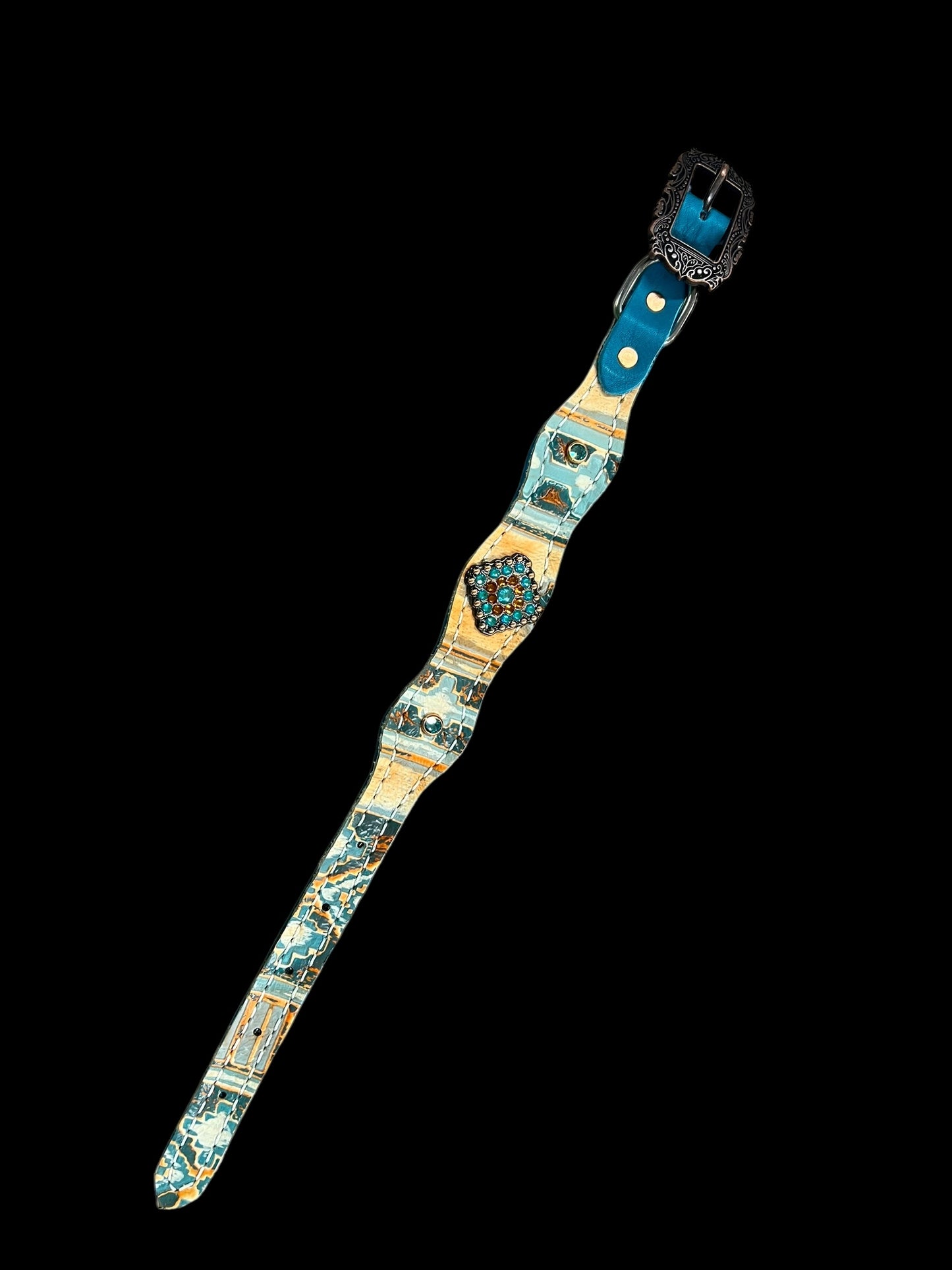 Orange and turquoise navajo on dark leather