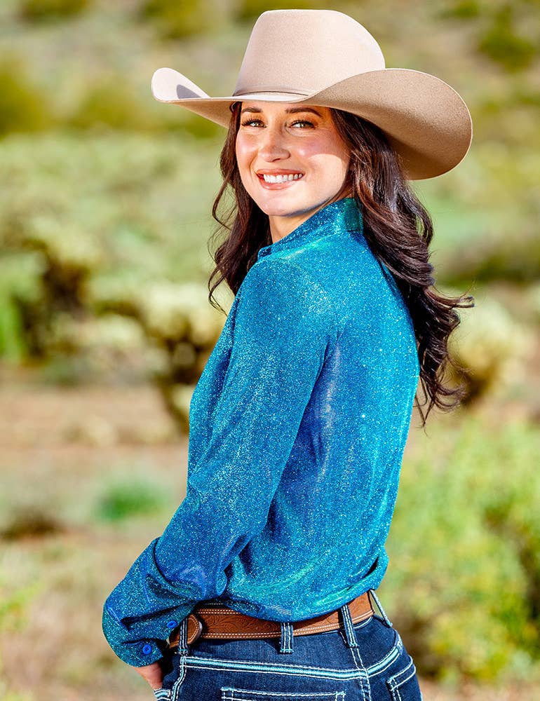 Turquoise Iridescent Shimmer Satin Pullover Button Up