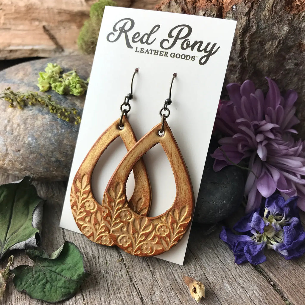 Boho Western Leather Floral Teardrop Earrings- Metallic Gold
