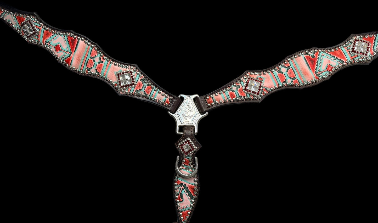 Red and mint navajo on dark leather