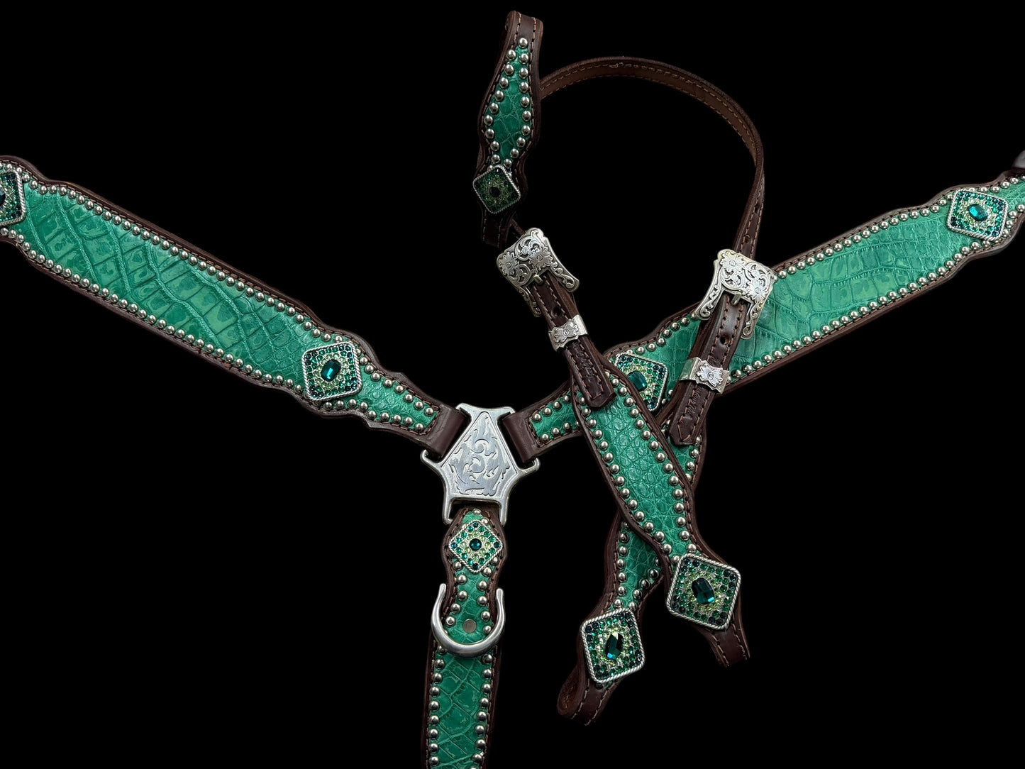 Genuine distressed green alligator on dark leather