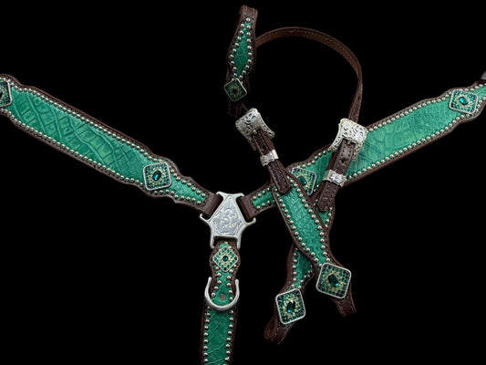 Genuine distressed green alligator on dark leather