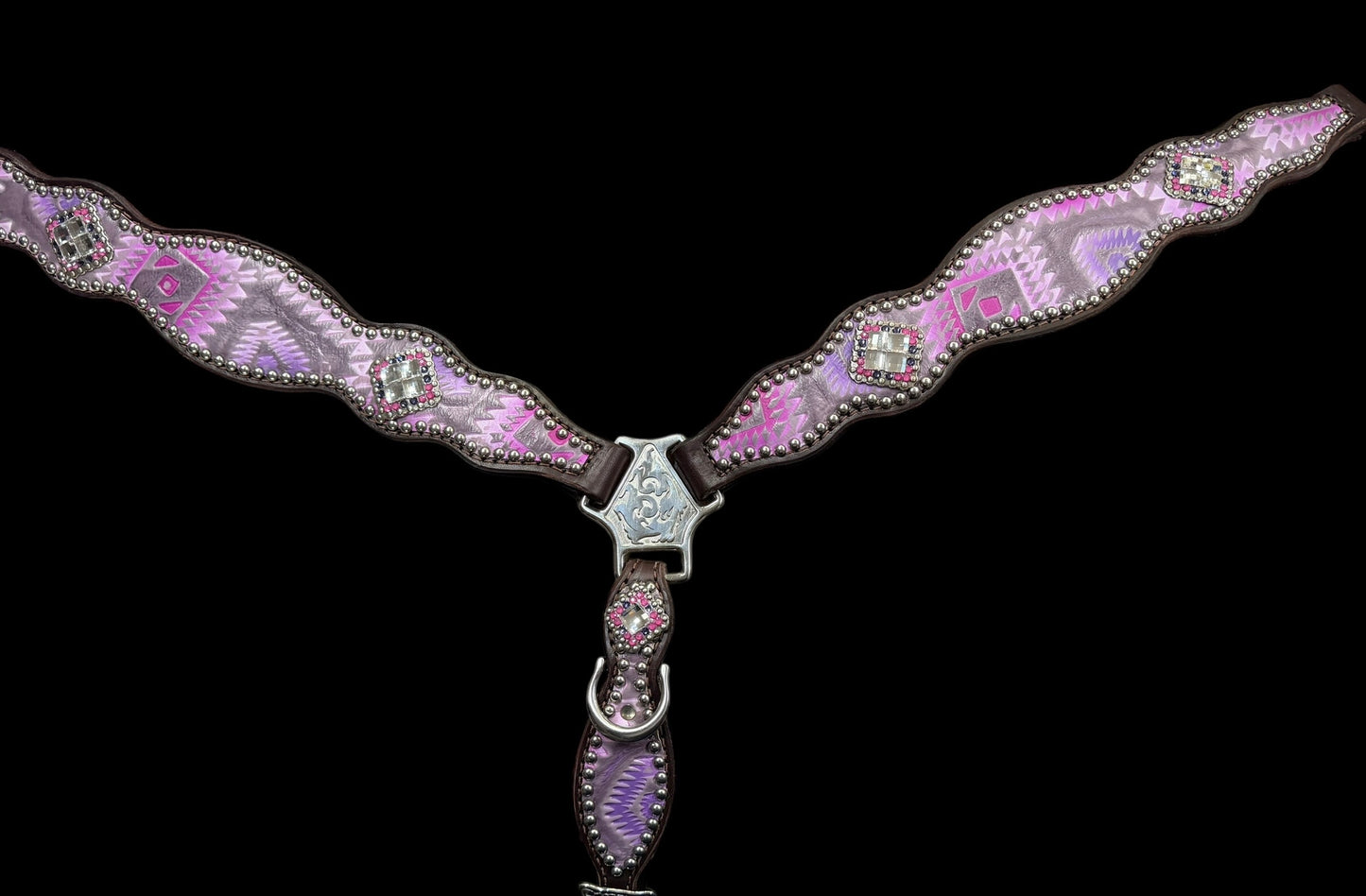 Light pink and purple Aztec on chocolate leather