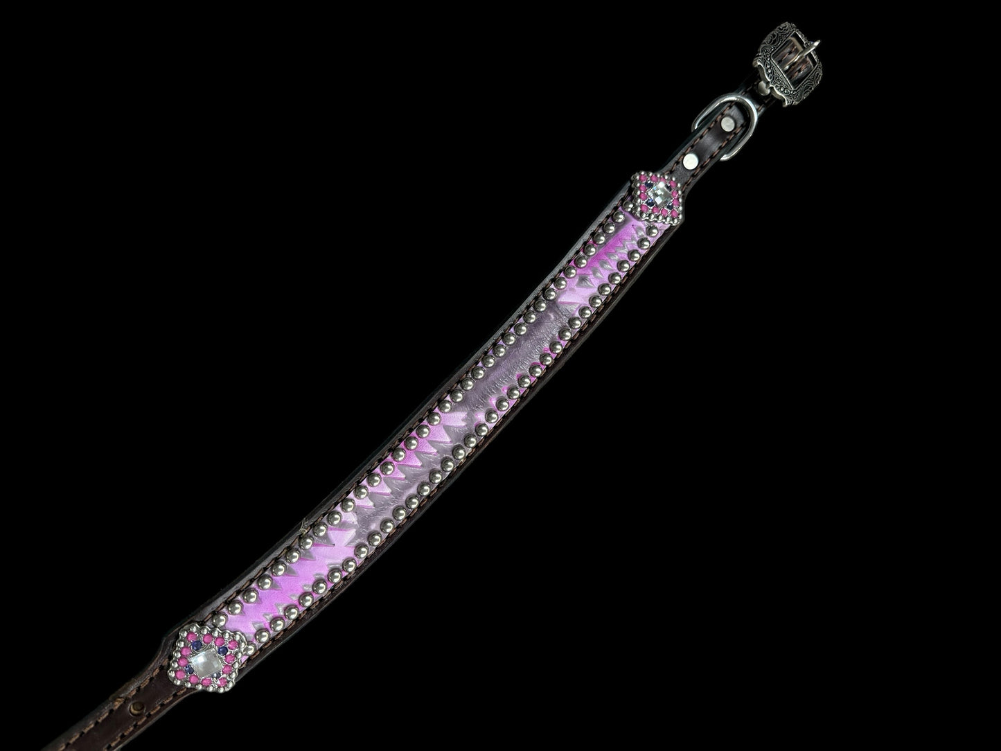 Light pink and purple Aztec on chocolate leather