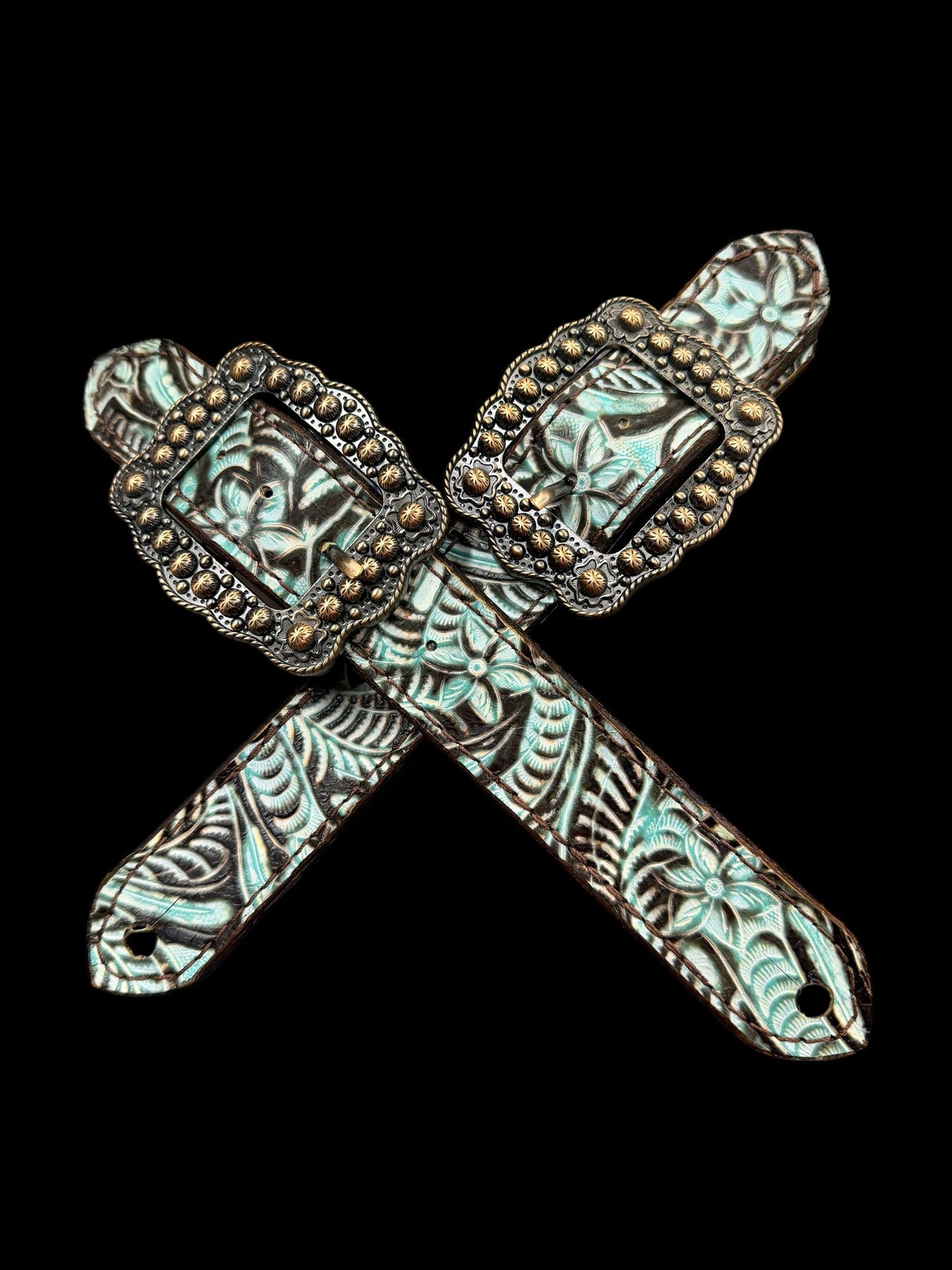 Brown and mint floral on dark leather