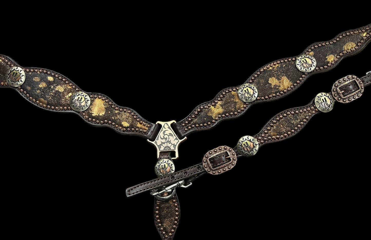 copper and brown acid washed on dark leather