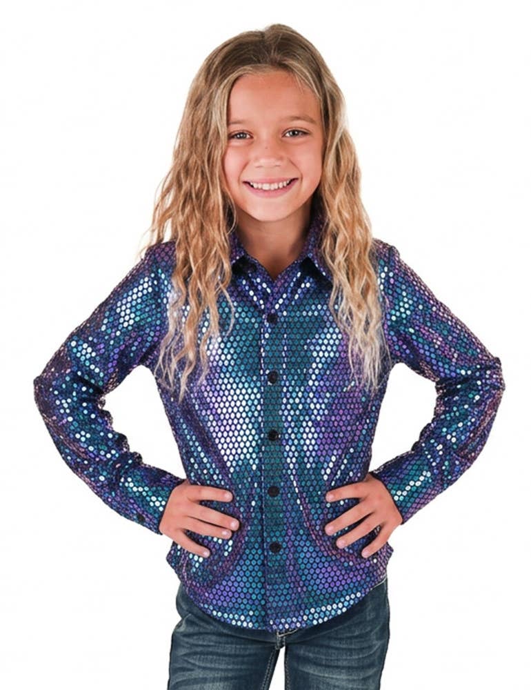 Girl's Purple & Teal Foil Metallic Pullover Button Up