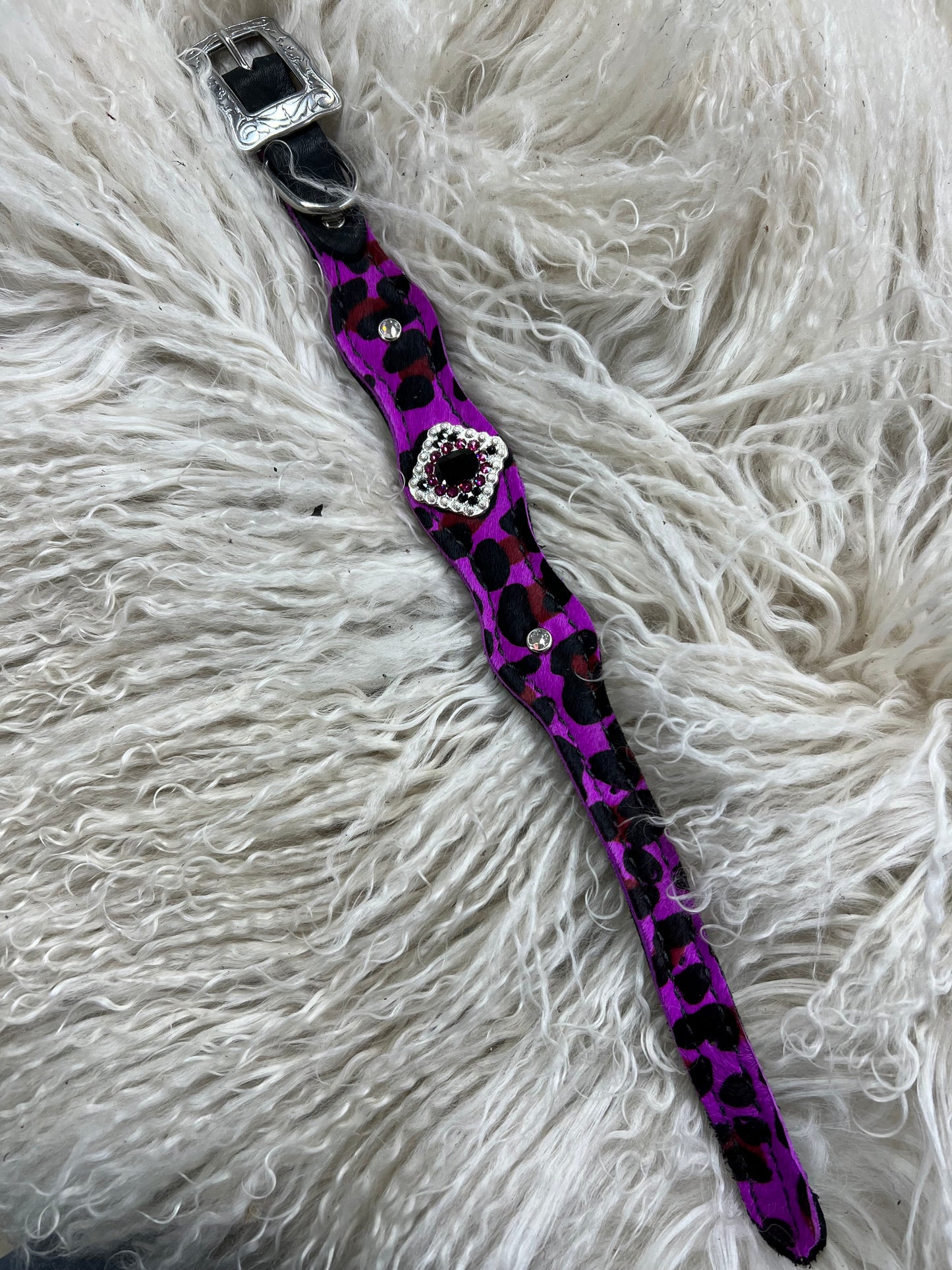 Hot Purple leopard on black leather