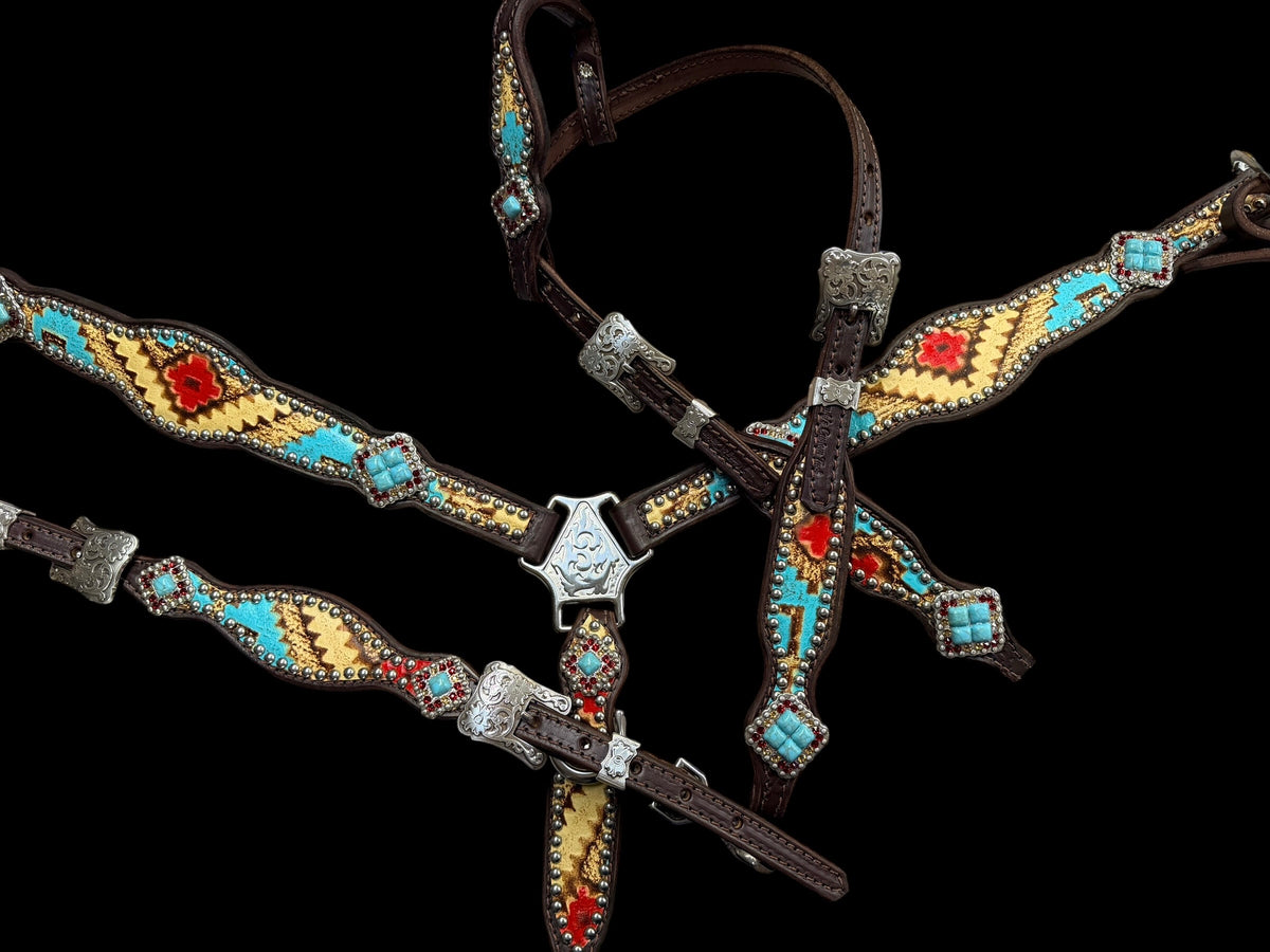 Tan, Red, and Turquoise Taos on dark leather