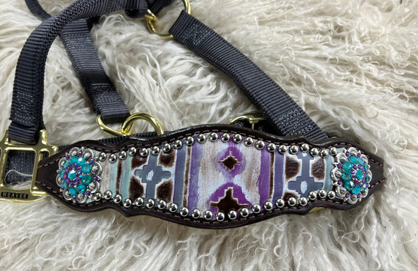 Mint and purple Navajo on dark leather