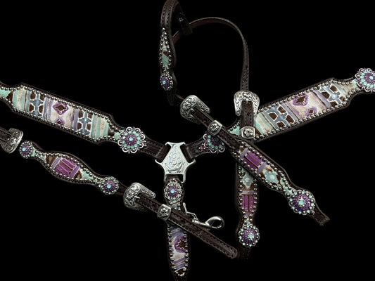 Mint and purple Navajo on dark leather