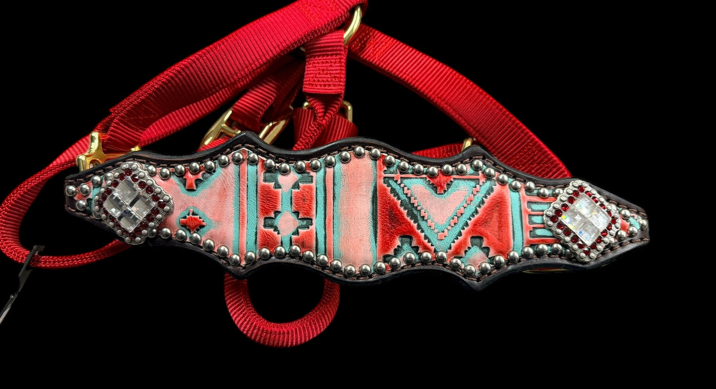 Red and mint navajo on dark leather