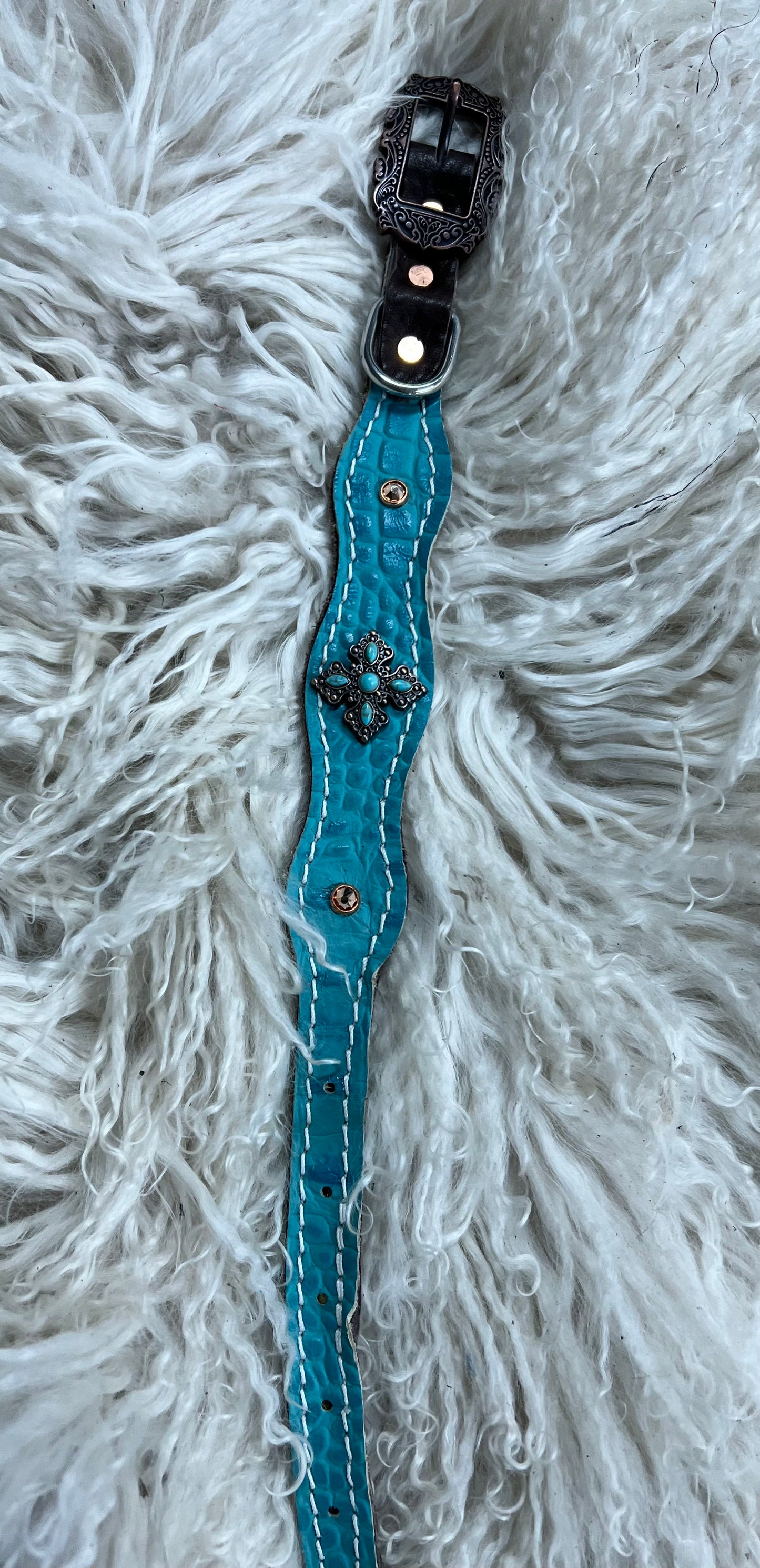 Turquoise gator on dark leather