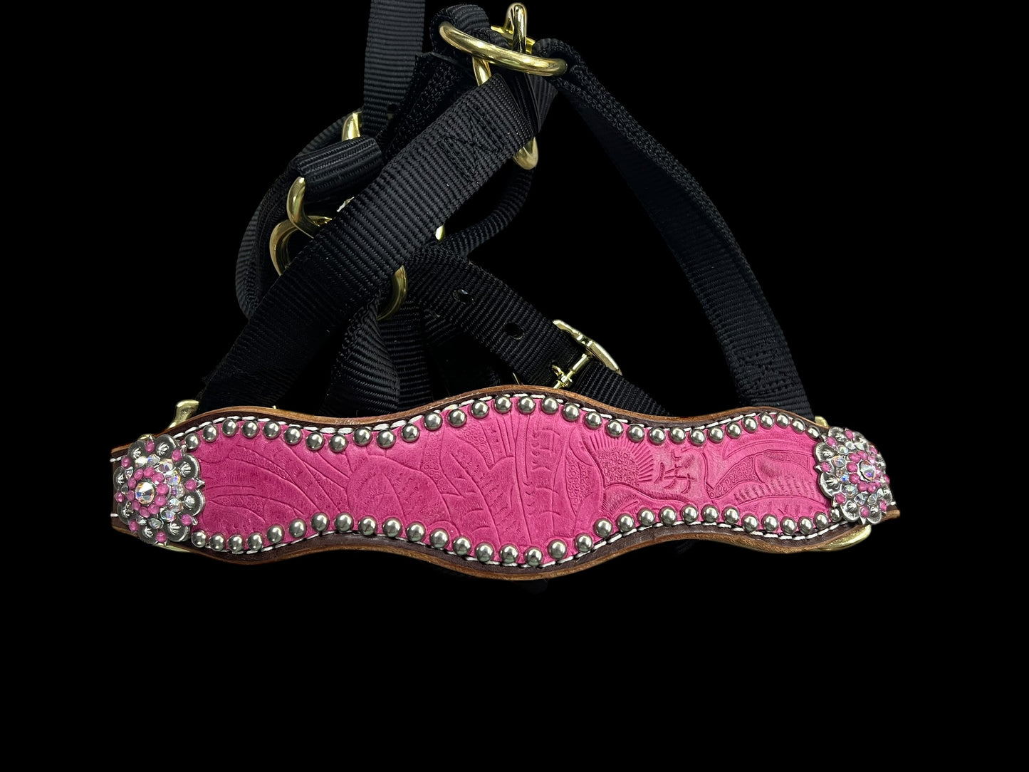Pink Dallas Floral on walnut leather
