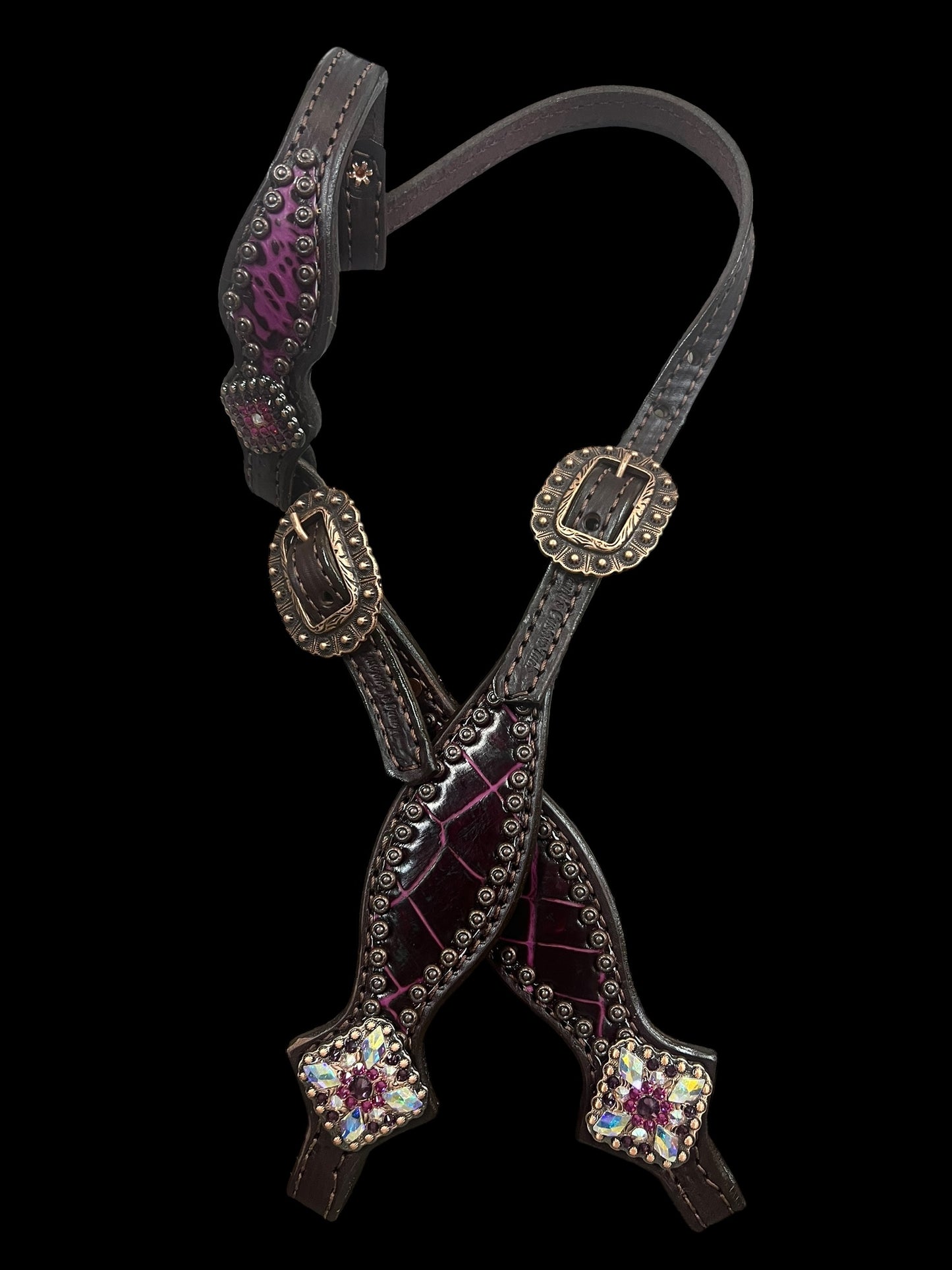 Fuchsia  gator on dark leather