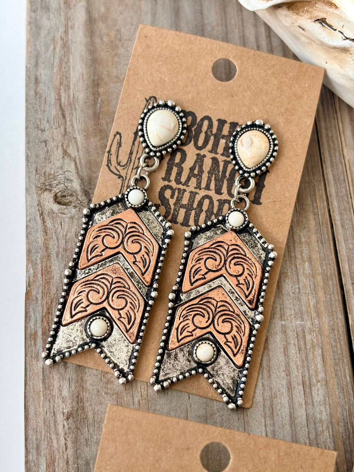 Western Style Turquoise Stone Chevron Dangle Earrings: White