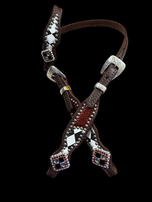 Red glitter with black and white diamonds