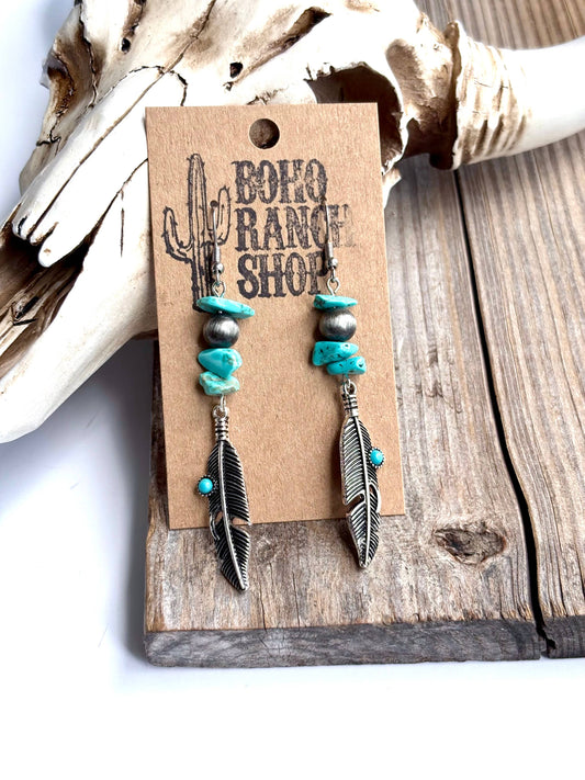 Western Feather Stone Navajo Pearl Drop Earrings