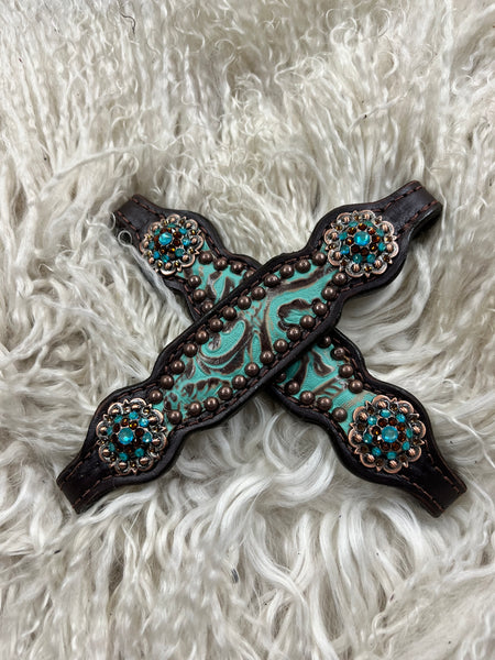 mint and brown floral on dark leather
