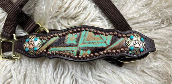 Mint and brown Navajo on dark leather