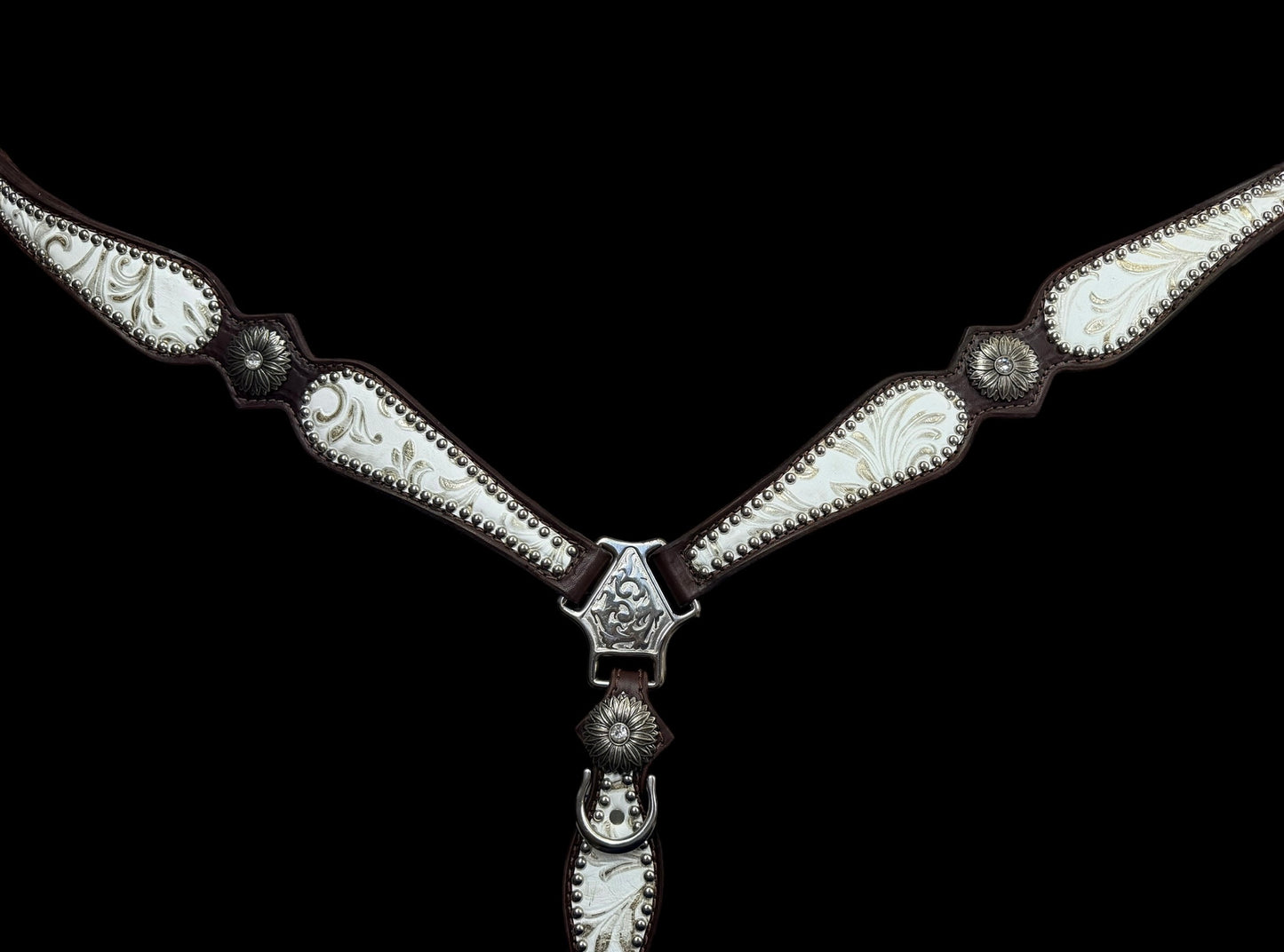 White and silver floral on dark leather