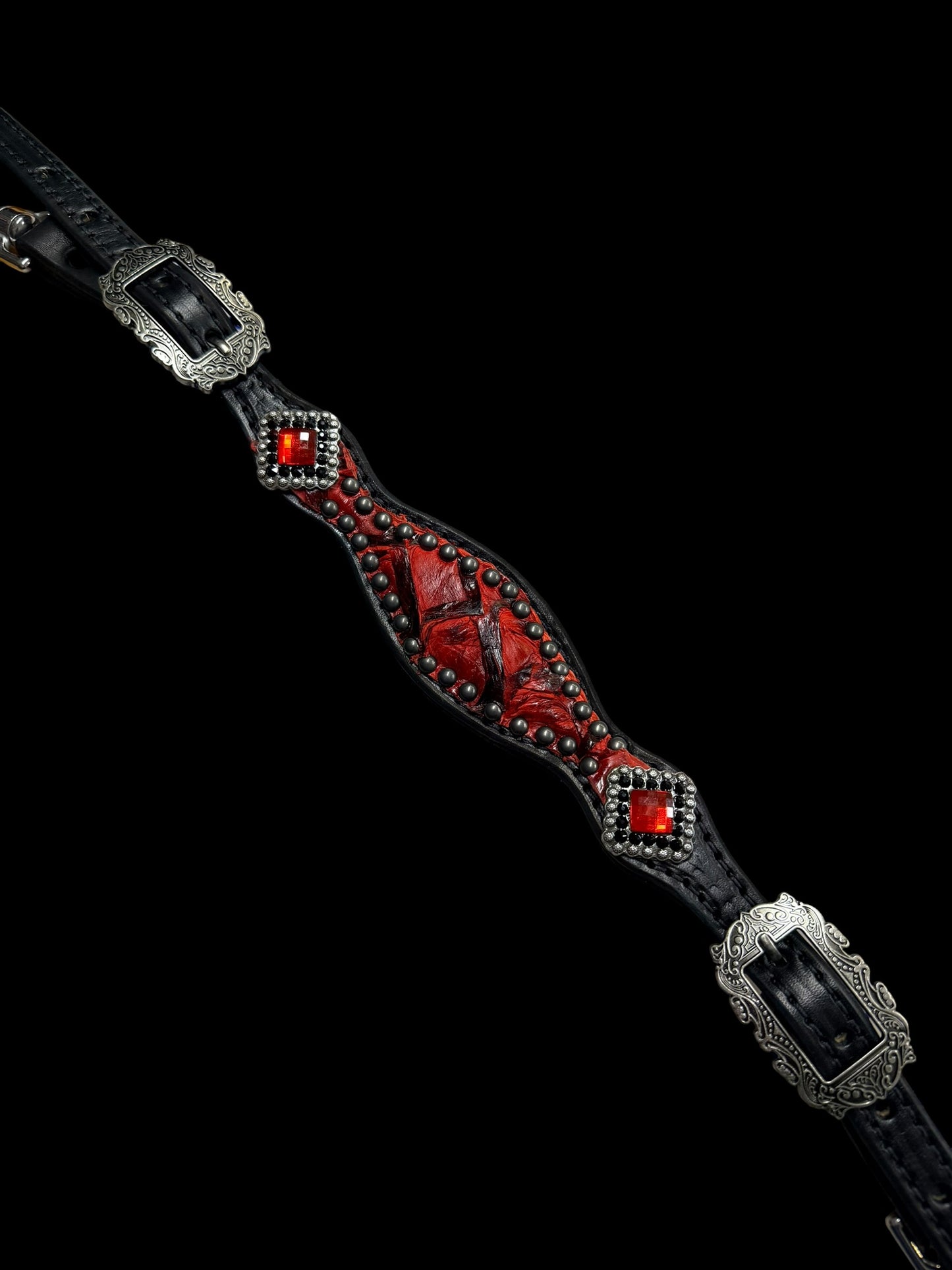 Red Pirarucu on black leather