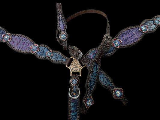 Purple and teal with pink gator and floral on dark leather